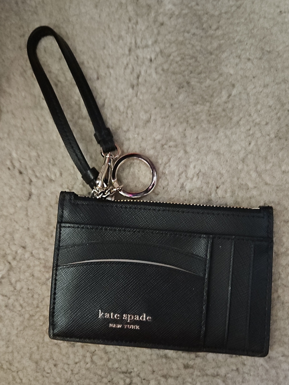 kate spade black leather wristlet cardholder with gold logo
